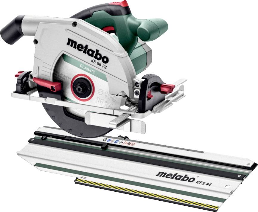 Un seghetto circolare Metabo KS 66 FS con base in metallo, che presenta un manico verde e nero, regolazioni rosse e contrassegni di sicurezza.