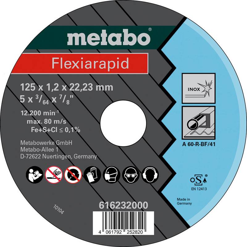 Etichetta disco abrasivo circolare Metabo Flexiarapid con dimensioni 125 x 1,2 x 22,23 mm, per inox, con icone di sicurezza, codice a barre e numero di prodotto 616232000.