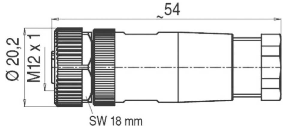 Disegno tecnico di un connettore M12 con misure: diametro 20,2 mm, lunghezza di circa 54 mm, e dimensione chiave di 18 mm.