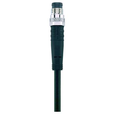 Un cavo nero con un connettore metallico argentato all'estremità, generalmente utilizzato per connessioni audio o elettroniche.