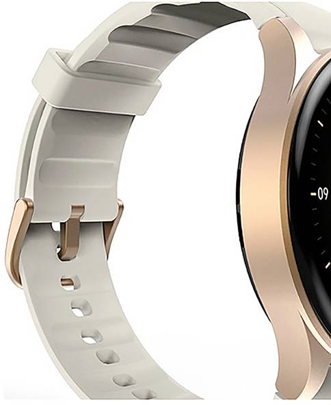 Un primo piano di un orologio intelligente che mostra una custodia color oro rosa e un cinturino regolabile in silicone grigio chiaro, evidenziando i suoi tratti di design.