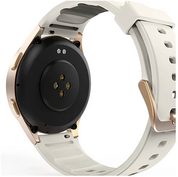 Vista posteriore di uno smartwatch che mostra un sensore nero rotondo e dettagli dorati su un cinturino bianco.