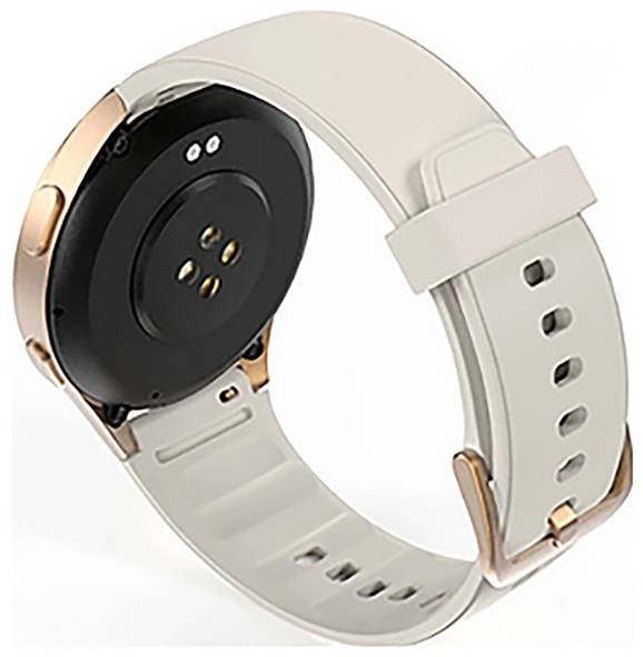 Un smartwatch con un quadrante rotondo, dotato di un cinturino di colore chiaro e dettagli in oro rosa, mostrato da un'angolazione laterale che si concentra sul retro.