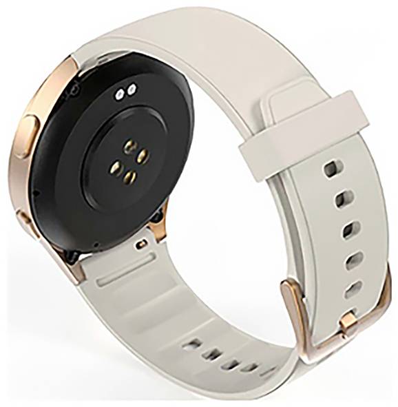 Un orologio intelligente beige con cinturino opaco e dettagli dorati è mostrato, che mette in evidenza i suoi sensori posteriori e i molteplici fori del cinturino per una vestibilità regolabile.