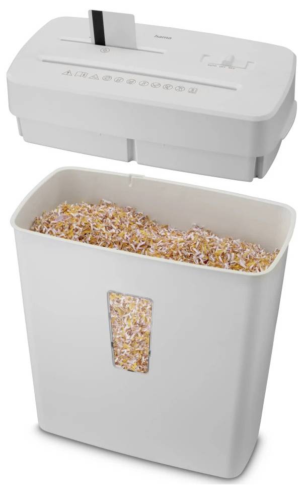 Distruggidocumenti bianco con slot per carta in alto; cestino sottostante riempito di carta tritata, parzialmente visibile attraverso una finestra laterale.