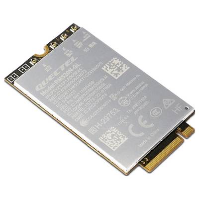 Un modulo di comunicazione wireless con modello EM12-G su una superficie metallica grigia, con connettori e marchi di certificazione.