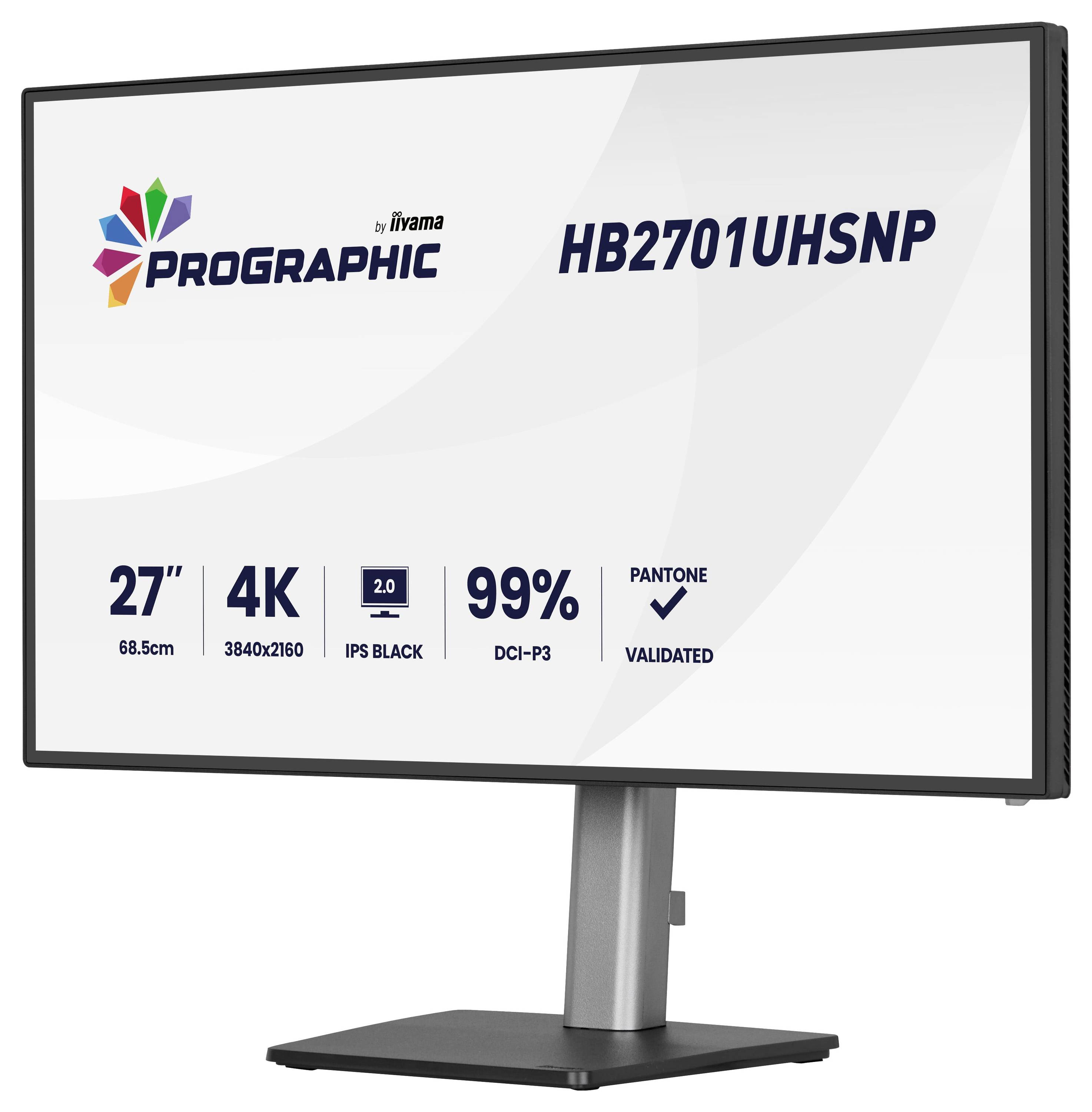 'Monitor Iiyama ProGraphic HB2701UHSNP, da 27 pollici, display IPS nero 4K, 99% DCI-P3, convalidato Pantone.'
