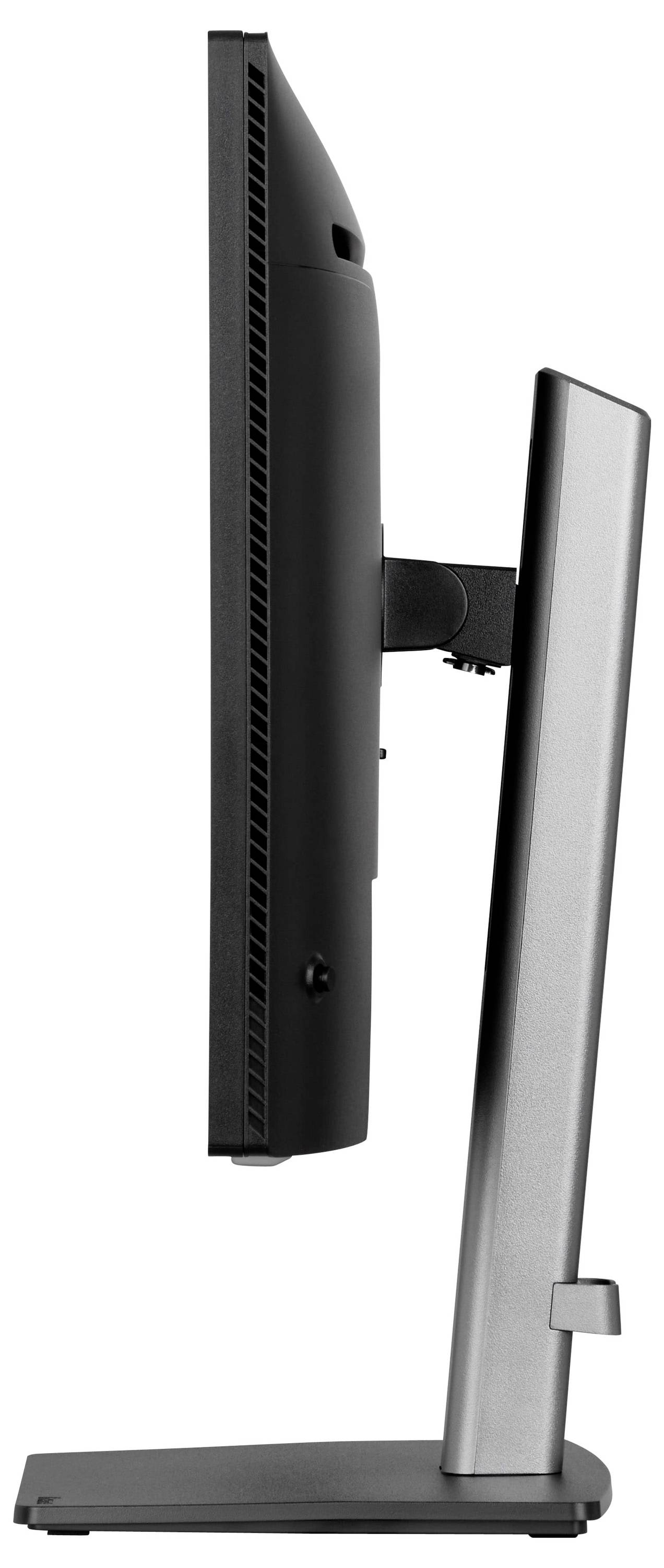 Vista laterale di un monitor computer nero a schermo piatto su un supporto d'argento, che mostra il suo profilo sottile e la regolazione ergonomica.