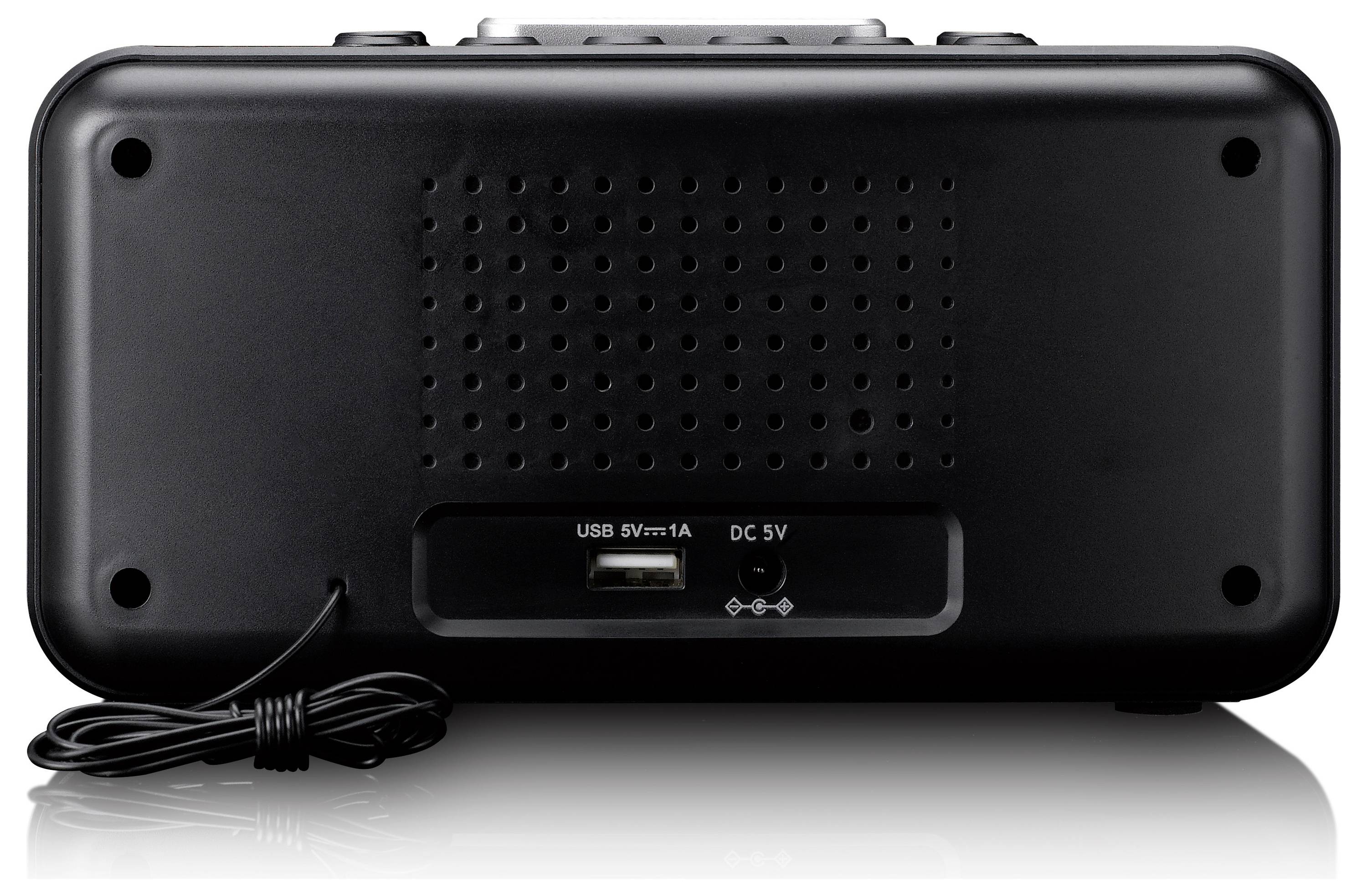 L'immagine mostra il retro di un dispositivo elettronico nero che presenta una porta USB etichettata 'USB 5V/1A', un ingresso di alimentazione 'DC 5V' e un cavo arrotolato.