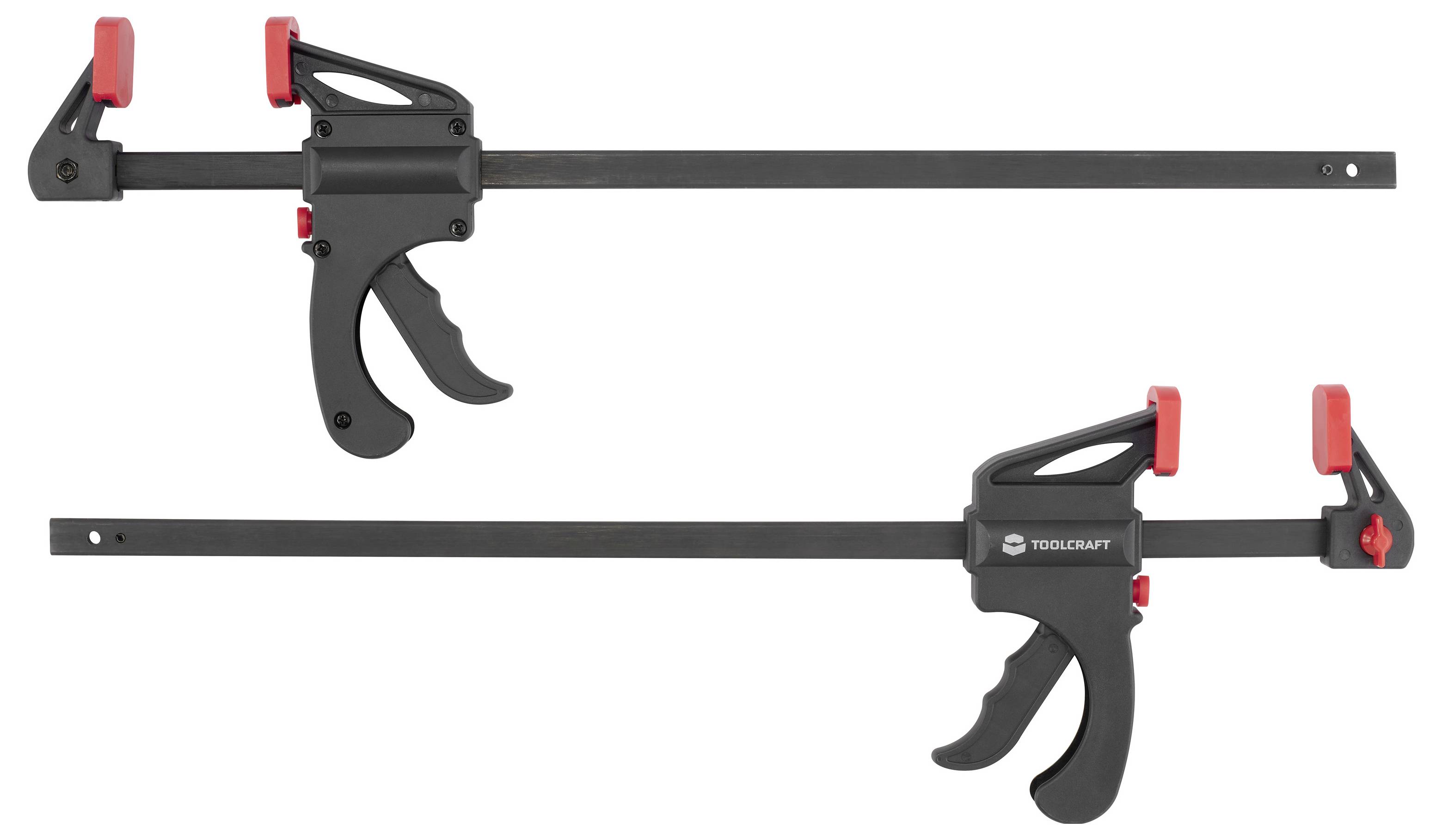 Due clamp a barra regolabili con guide nere, maniglie e ganasce protettive rosse, mostrati su sfondo bianco.