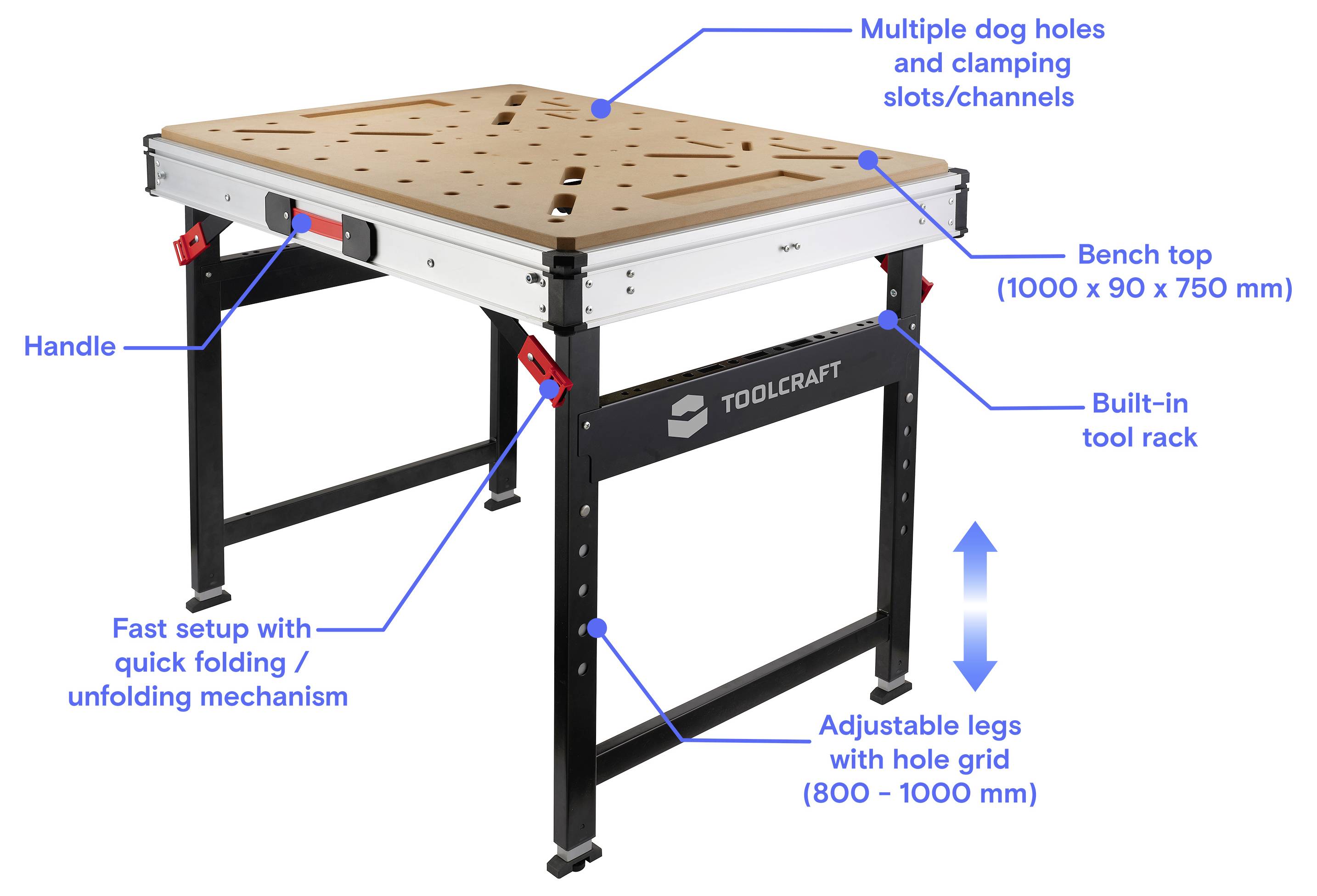 Banco da lavoro pieghevole TOOLCRAFT con piano di lavoro perforato, portautensili integrato, maniglia, configurazione a rapida chiusura, e gambe regolabili con griglia di fori per un'altezza di 800–1000 mm.
