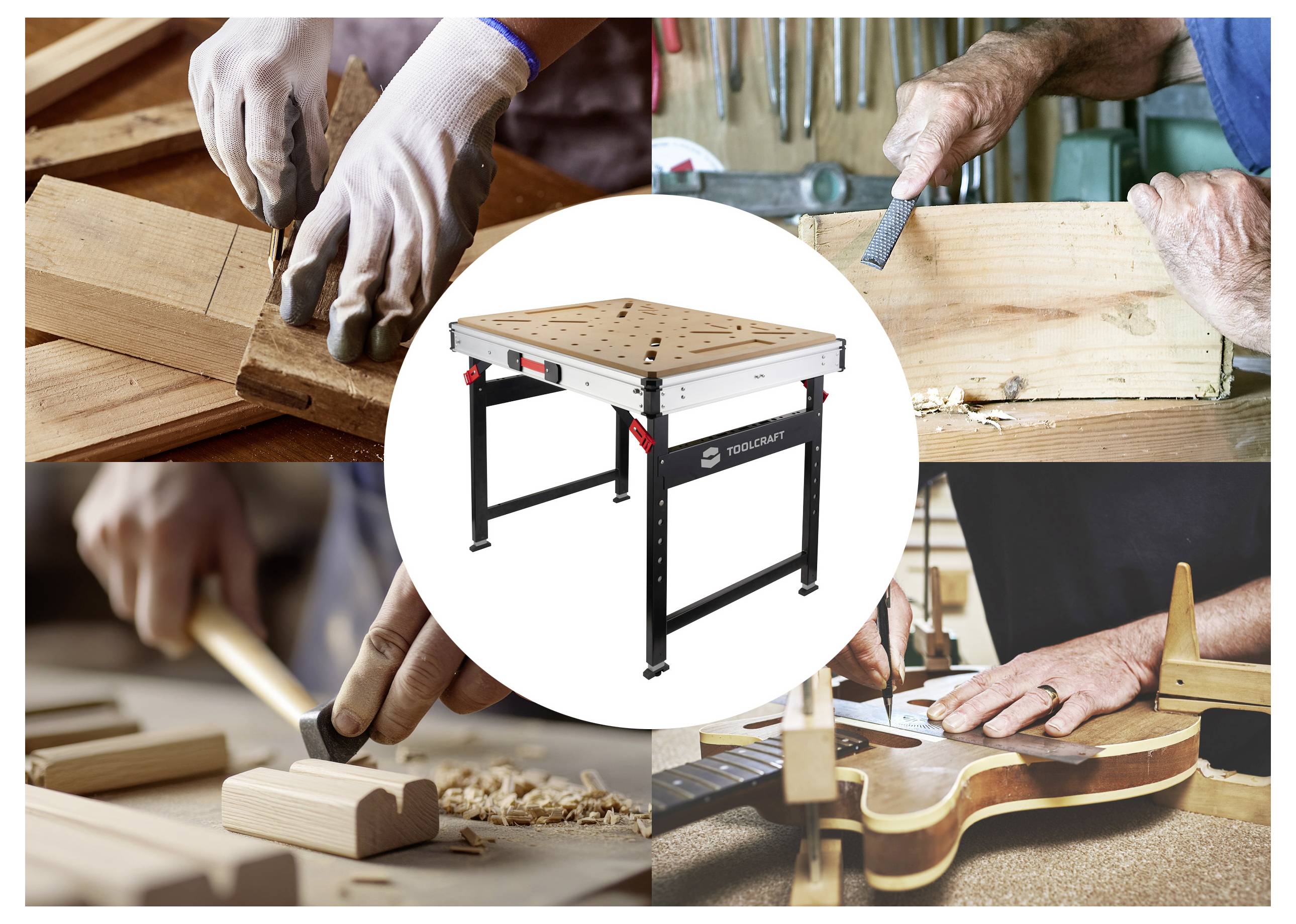Collage di mani che utilizzano attrezzi per la lavorazione del legno intorno a un banco da lavoro portatile con piano forato, mostrando la segagione, lo scalpellaggio, la piallatura e la sagomatura del legno.
