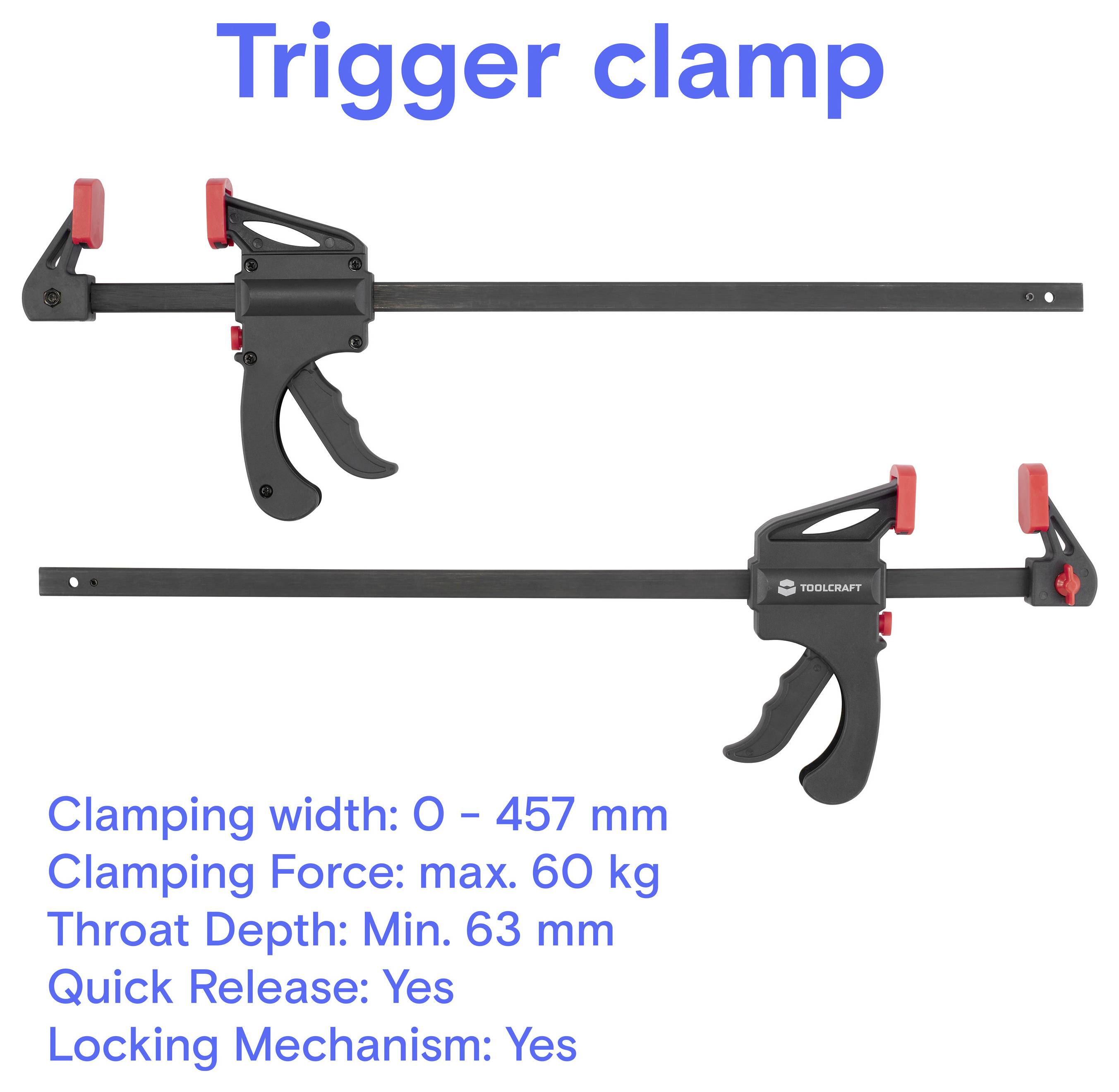 Immagine del prodotto di una morsa a leva con due viste, che mostra un'ampiezza di serraggio da 0–457 mm, una forza di serraggio massima di 60 kg, una profondità della gola di 63 mm, rilascio rapido e meccanismo di bloccaggio.