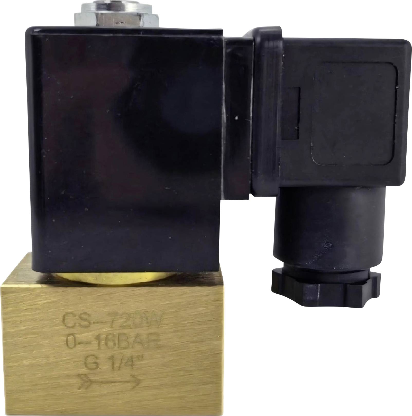Una valvola solenoide in ottone con attuatore nero. È etichettata 'CS-7201V, 0-16 BAR, G 1/4"'.