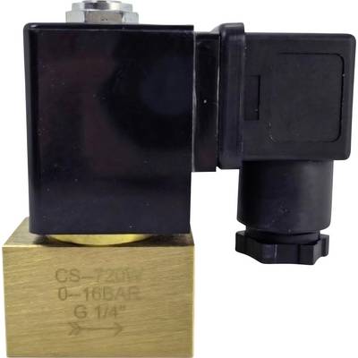 Una valvola solenoide in ottone con attuatore nero. È etichettata 'CS-7201V, 0-16 BAR, G 1/4"'.
