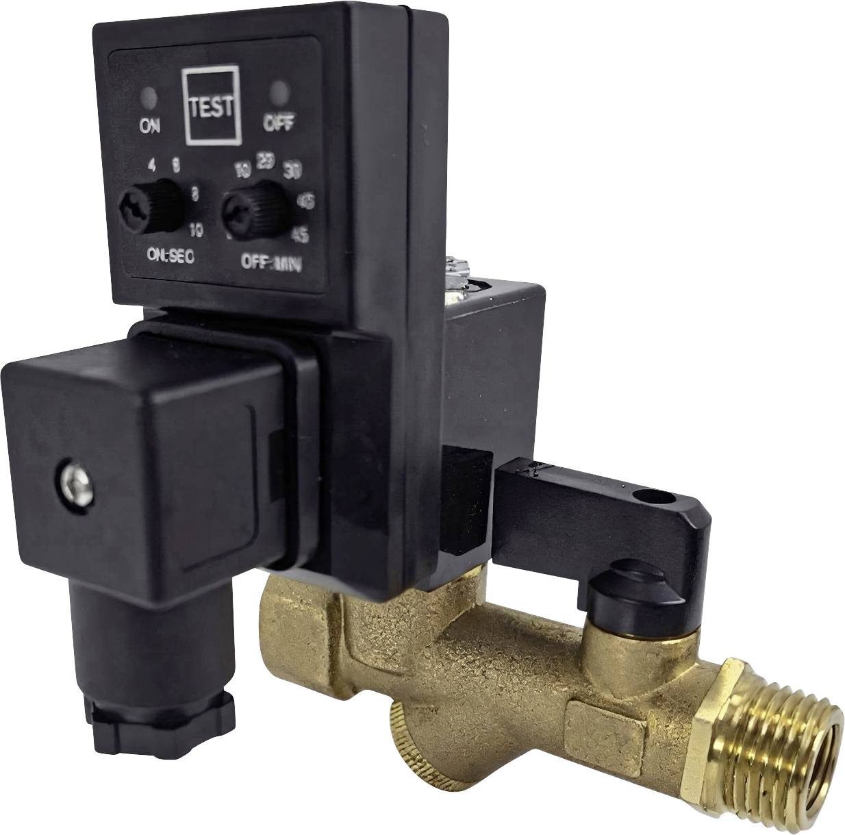 Valvola solenoide in ottone con timer digitale, che mostra "TEST", impostazioni dell'ora e due manopole di regolazione per secondi di accensione e minuti di spegnimento.