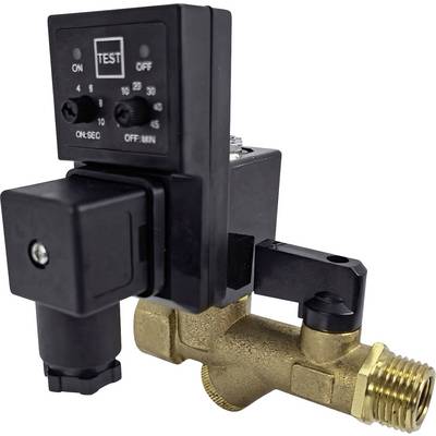 Valvola solenoide in ottone con timer digitale, che mostra "TEST", impostazioni dell'ora e due manopole di regolazione per secondi di accensione e minuti di spegnimento.