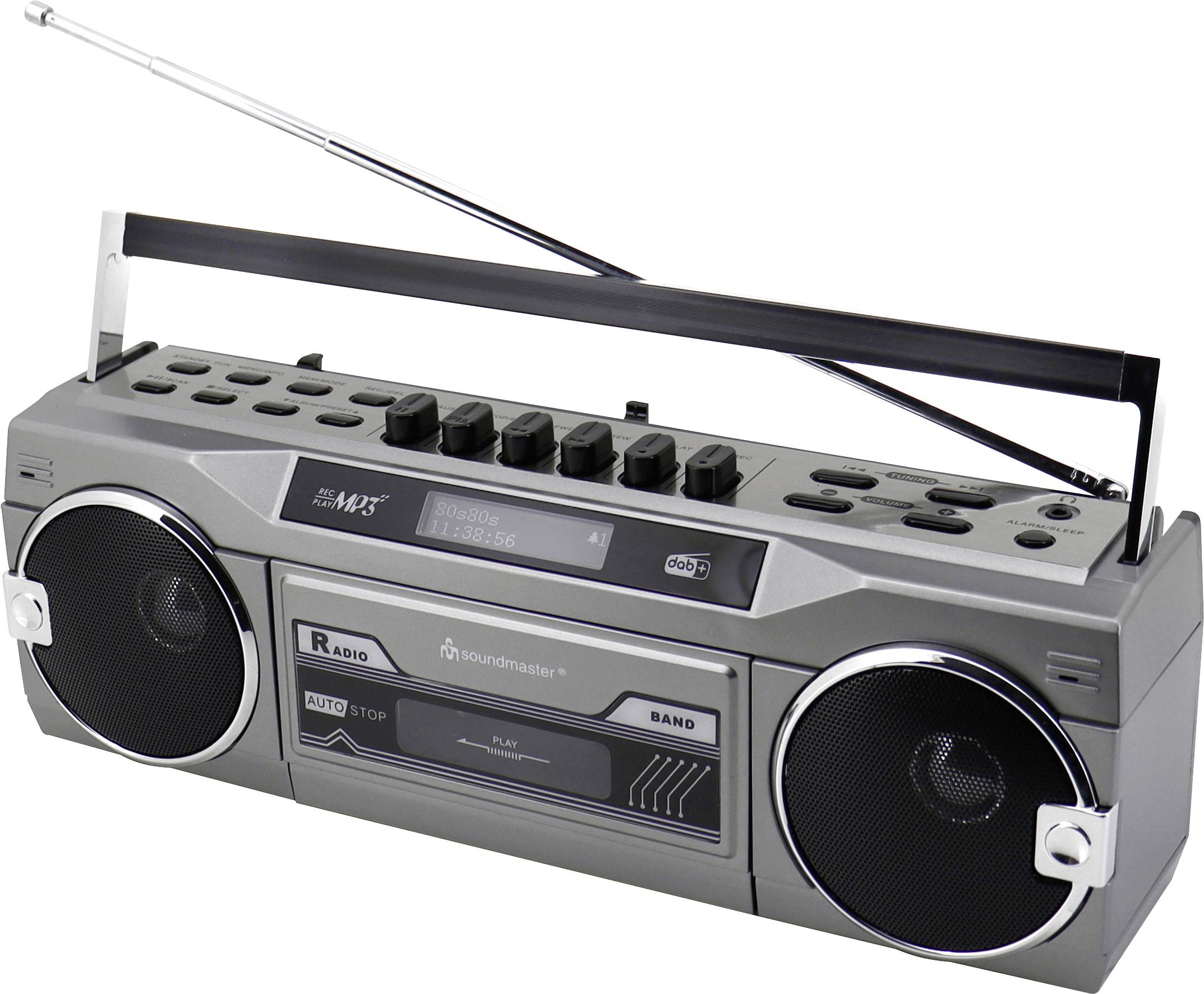 Una radio portatile in stile retrò con un lettore di cassette e un'antenna, dotata di due altoparlanti e pulsanti per i comandi.