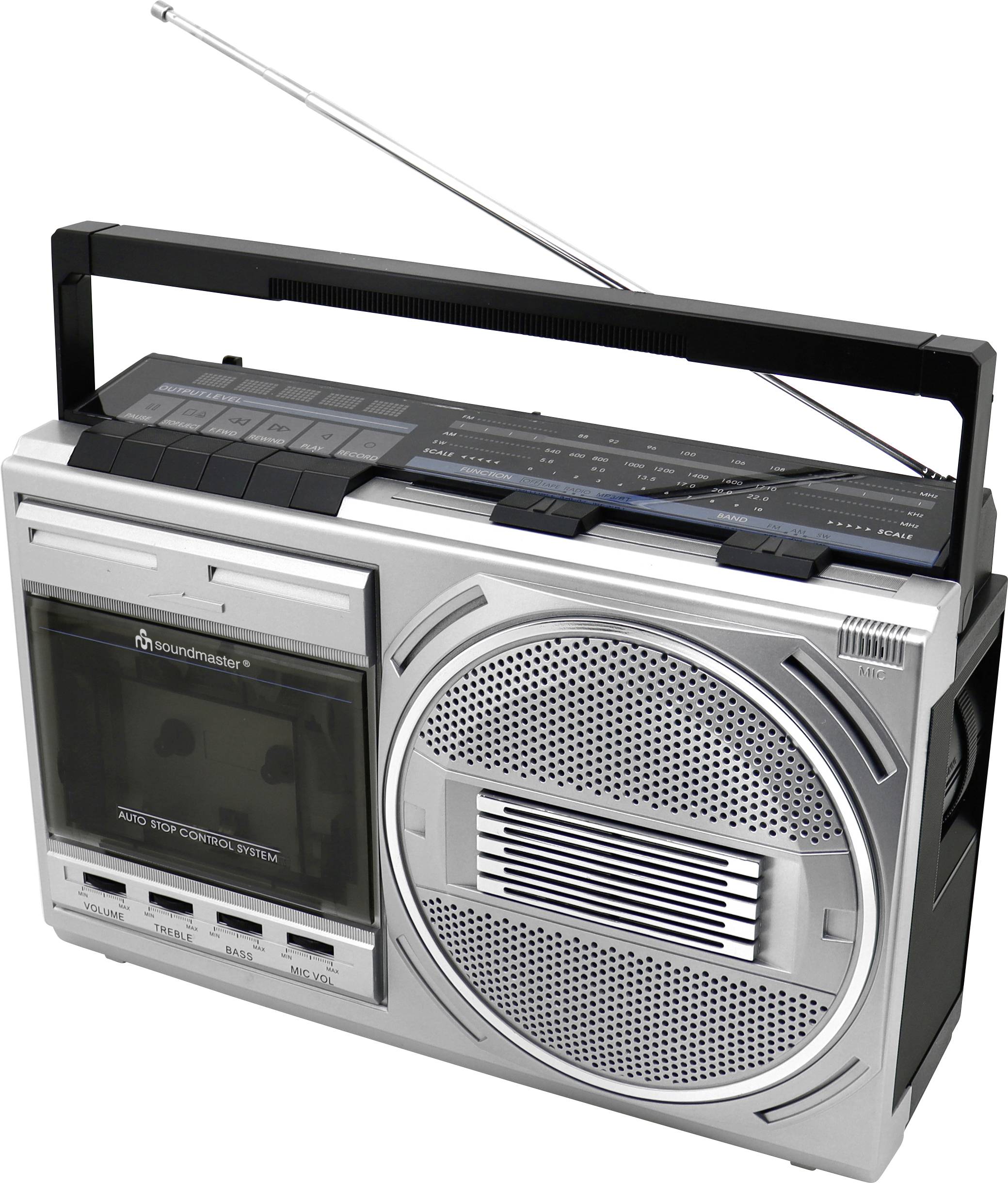 Un boombox vintage portatile con lettore cassette, sintonizzatore radio e altoparlante. L'antenna è estesa verticalmente.