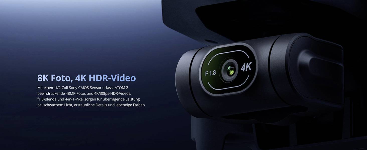 Primo piano di un obiettivo fotografico con testo: '8K Foto, Video HDR 4K'. Dettagli includono un sensore CMOS Sony da 12,8 stop, F1.8, per prestazioni migliorate.