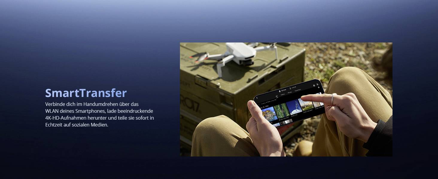 SmartTransfer: Ti connette ad alta velocità tramite il Wi-Fi del tuo smartphone, scarica impressionanti riprese in 4K/HD e condividile istantaneamente sui social media in tempo reale.