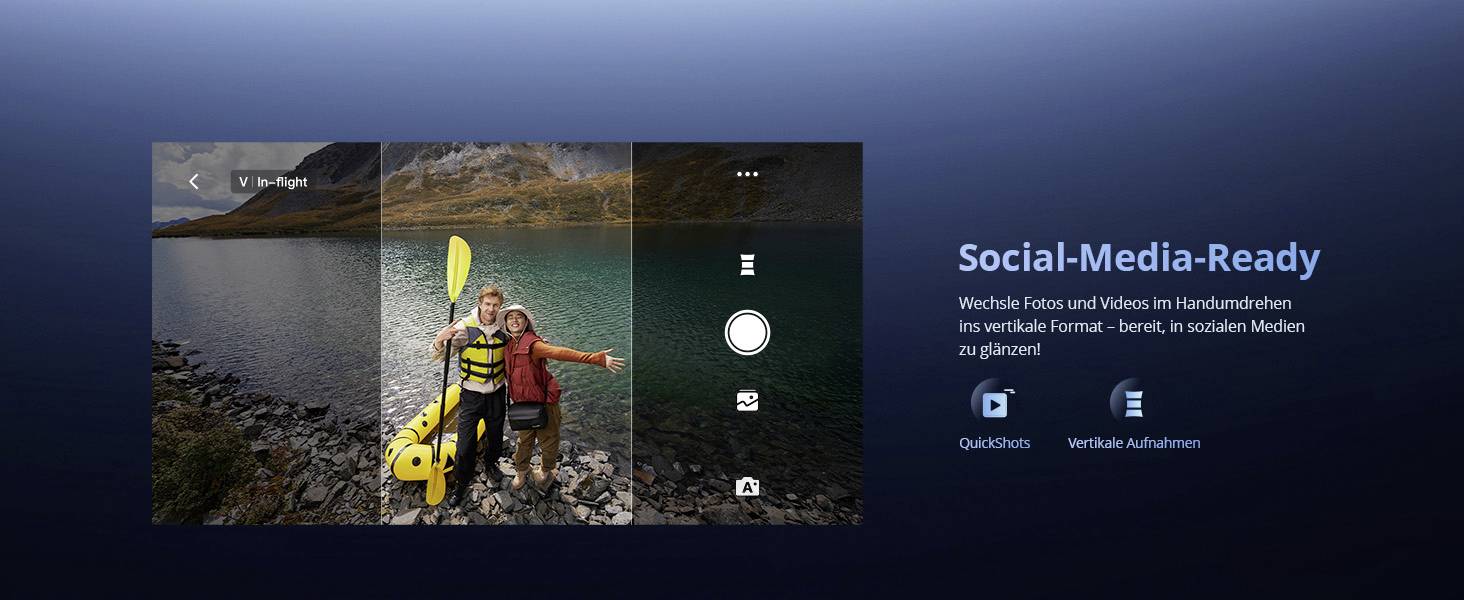 Un'interfaccia della fotocamera di uno smartphone mostra una coppia che si fa un selfie davanti a un lago con montagne sullo sfondo. Il testo recita 'Pronti per i Social Media' con alcune opzioni.
