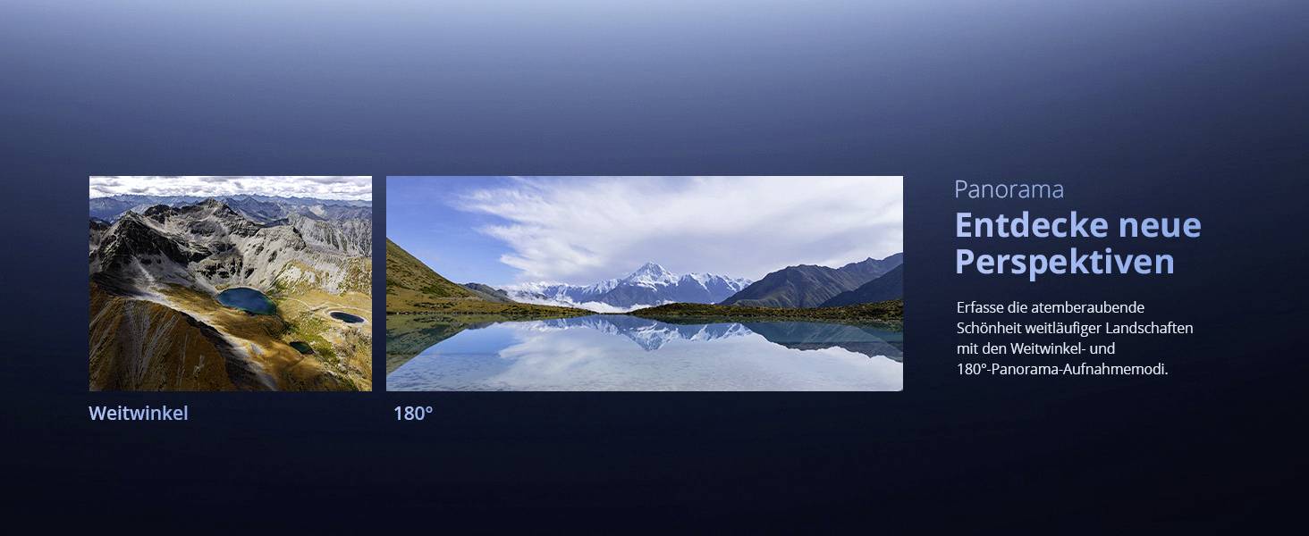 Due foto affiancate di paesaggi. A sinistra: Montagna con lago alpino etichettato 'Grandangolo'. A destra: Lago riflettente e montagne etichettati '180°'. Testo: 'Scopri nuove prospettive'.