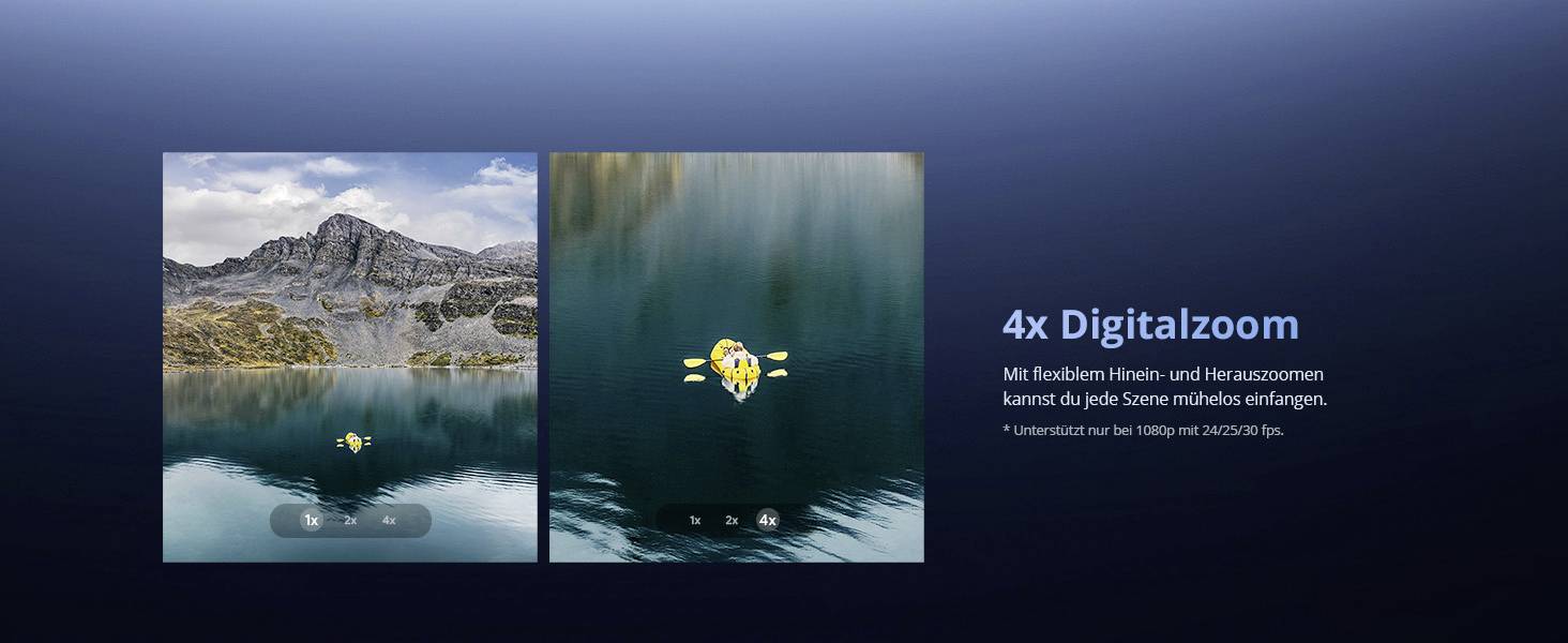 Funzione 'Zoom digitale 4x' mostrata con un confronto tra due immagini di un paesaggio lacustre; un'immagine è ingrandita per rivelare più dettagli.