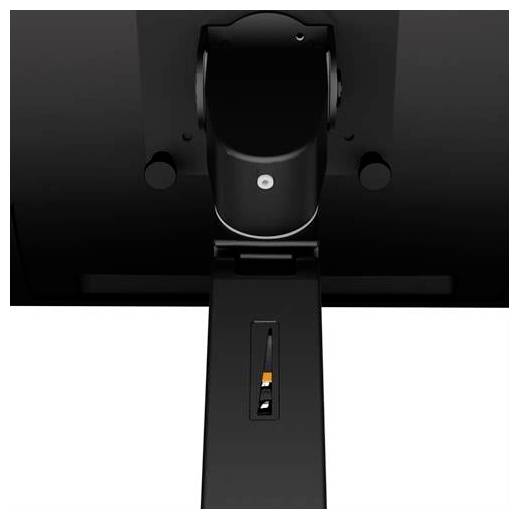 Una vista ravvicinata di un supporto per monitor nero che mostra il punto di connessione e il meccanismo di regolazione.