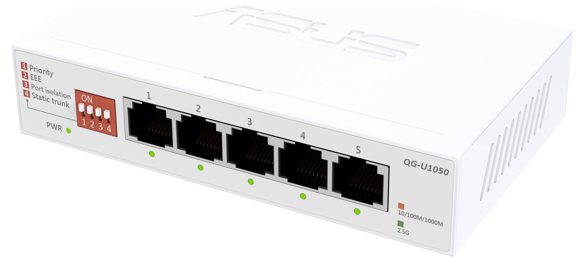 Uno switch di rete bianco con cinque porte Ethernet, con indicatori LED sotto ogni porta. L'etichetta riporta 'Priorità EE Prioritizzazione Trunk statico'.