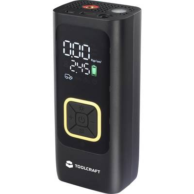 Pompa portatile TOOLCRAFT con display digitale retroilluminato che mostra 0.00 kg/cm e tempo di batteria 2:45, più pannello di controllo illuminato.