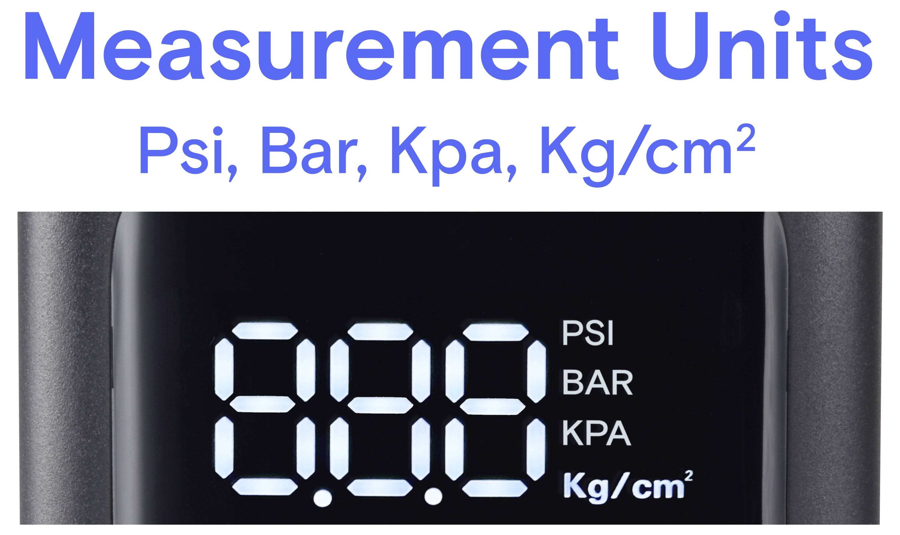 'Unità di Misura' in blue text above a digital display showing units: PSI, BAR, KPA, Kg/cm².