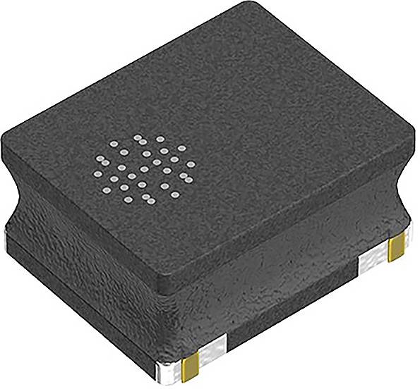 Veduta ravvicinata di un piccolo componente elettronico rettangolare con terminali metallici e superficie testurizzata, probabilmente un sensore o un chip.