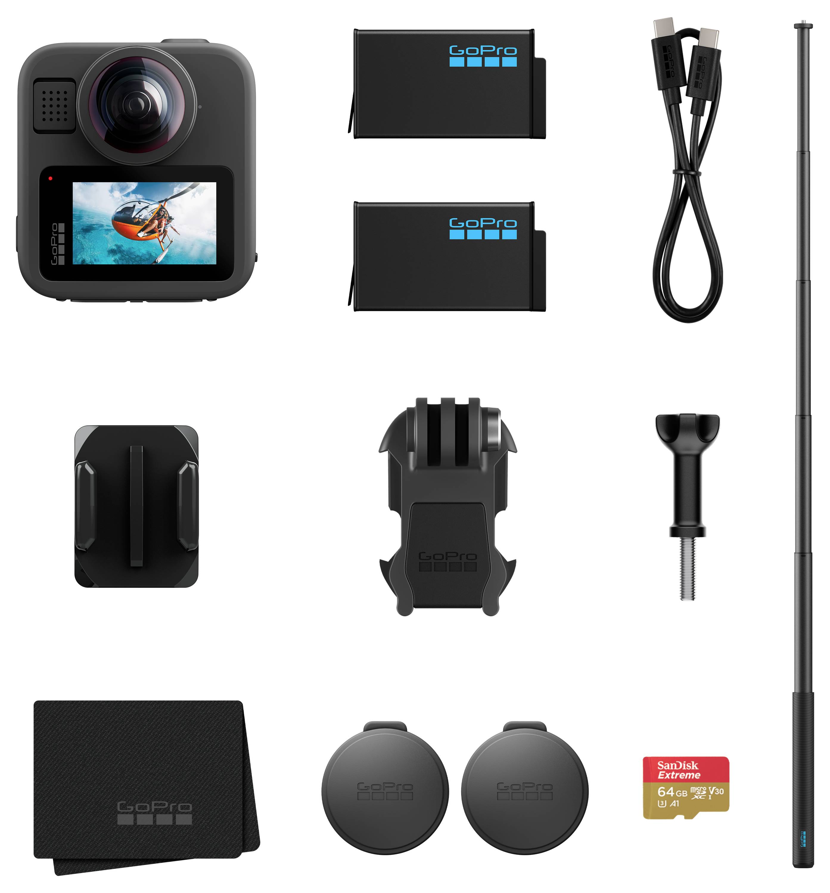 Kit fotocamera GoPro: fotocamera con schermo che mostra un surfista, due batterie, cavo USB, supporti di montaggio, due copri obiettivo, scheda SD da 64 GB, asta di prolunga.