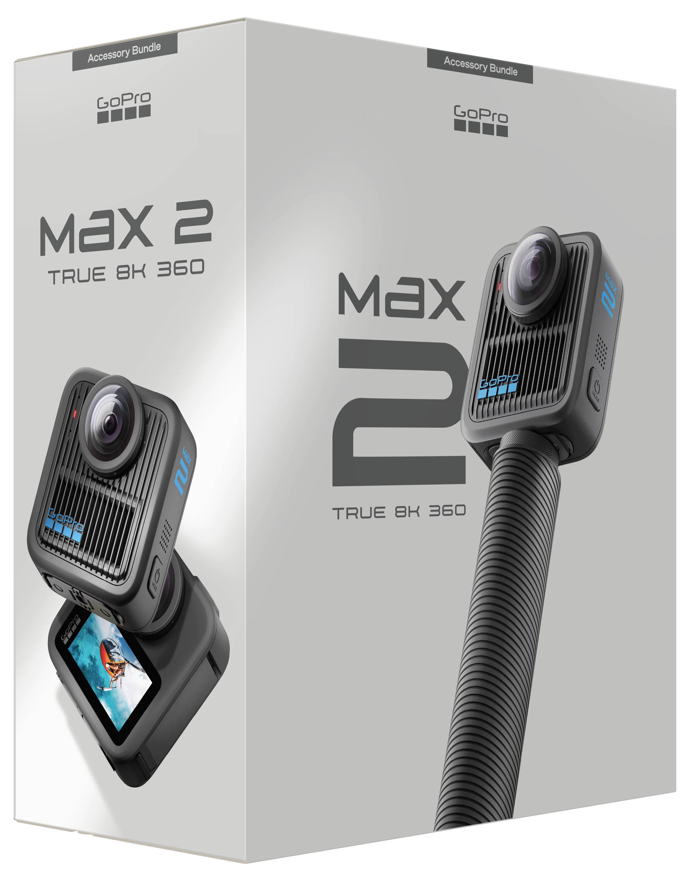 Confezione GoPro Max 2 che mostra la fotocamera con doppi obiettivi, schermo inclinato. Testo: 'Max 2 True 8K 360'. Etichetta: 'Bundle Accessori'.