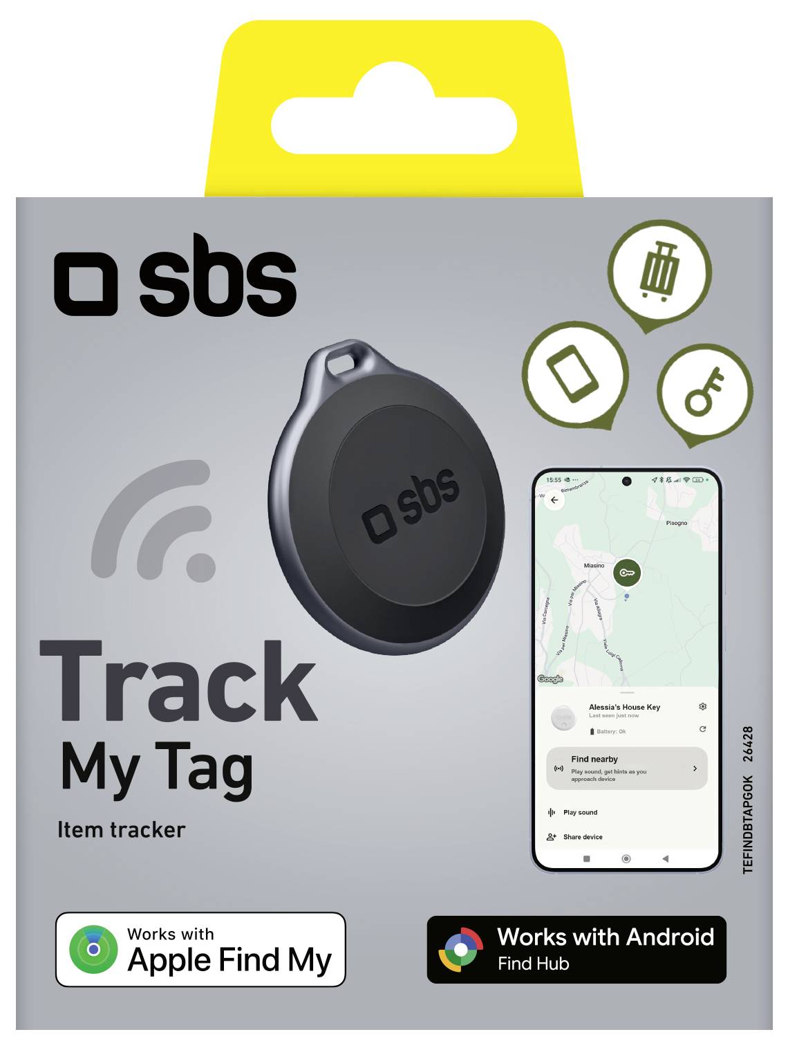 La confezione di 'SBS Track My Dot' presenta un localizzatore di oggetti nero compatibile con Apple Find My, mostrato insieme a uno smartphone e alle icone di auricolari e uno zaino.