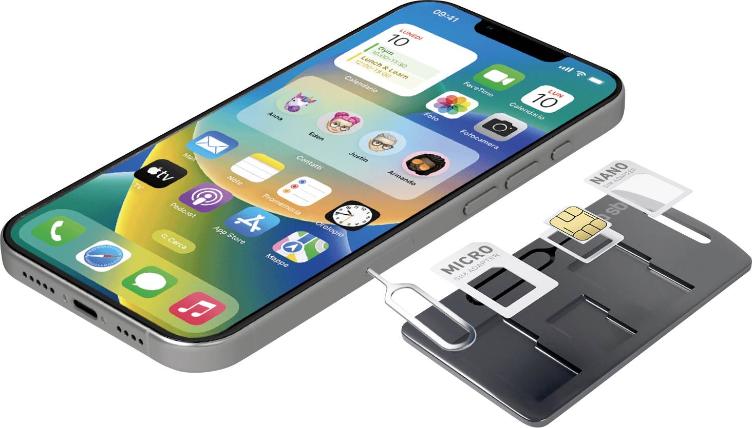 Uno smartphone con app colorate è accanto a un kit adattatore per scheda SIM, che include dimensioni micro e nano SIM e uno strumento per estrarre la SIM.