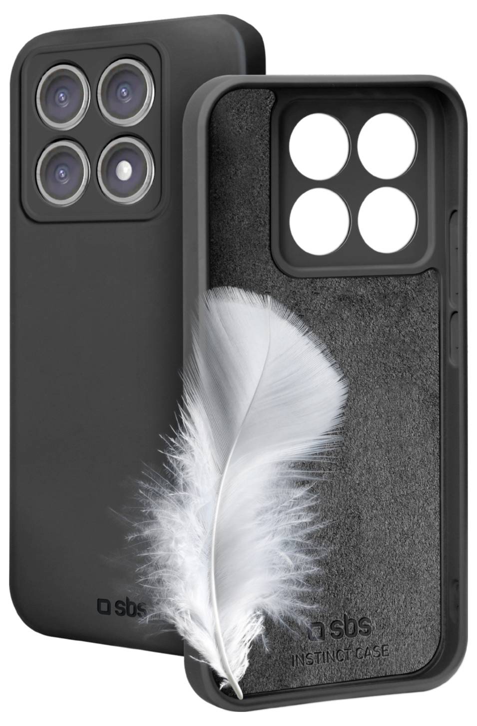 Custodia per smartphone 'Instinct Case' di SBS, caratterizzata dalla leggerezza simboleggiata da una piuma bianca, quattro ritagli per fotocamera, colore nero.