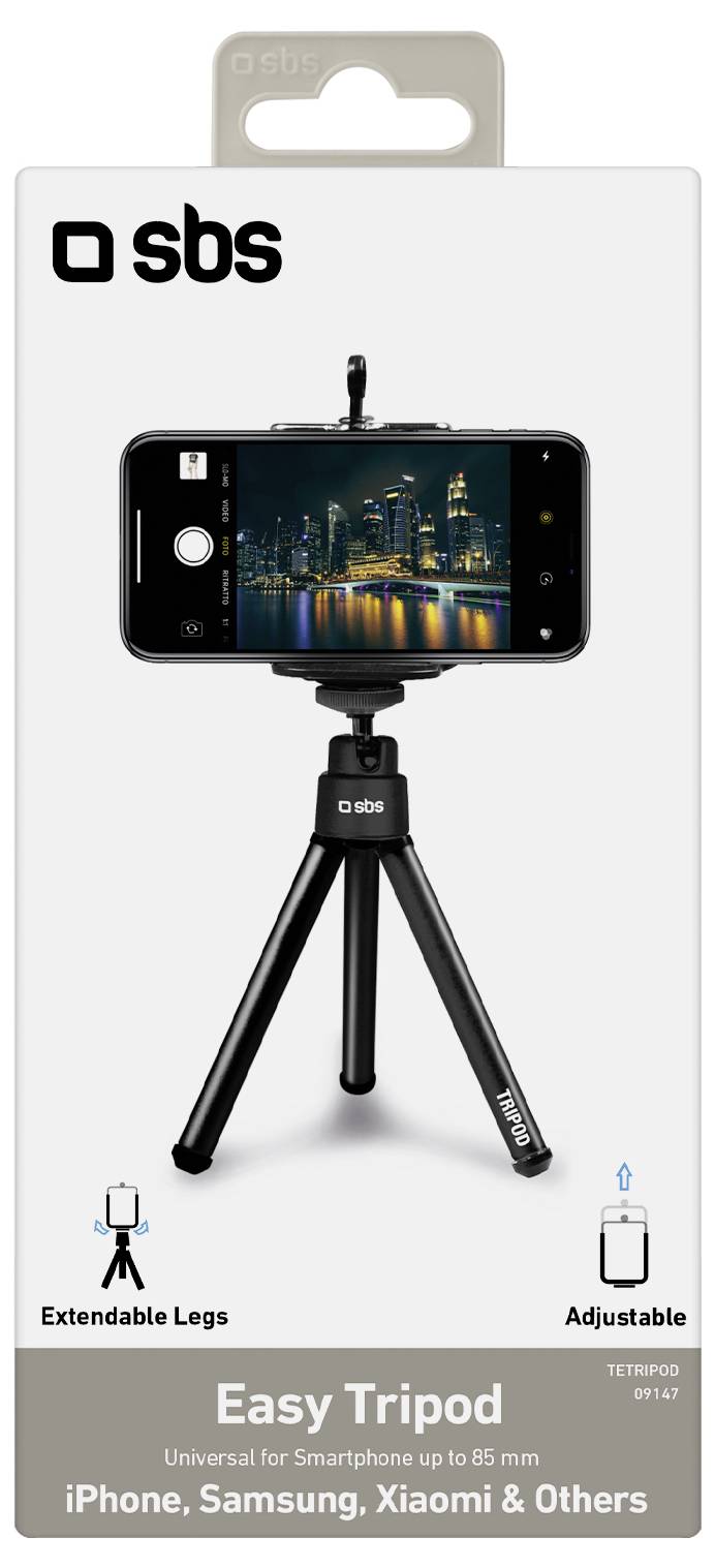 SBS Treppiede facile per smartphone fino a 85 mm; presenta gambe estensibili e angolo regolabile, compatibile con iPhone, Samsung, Xiaomi.