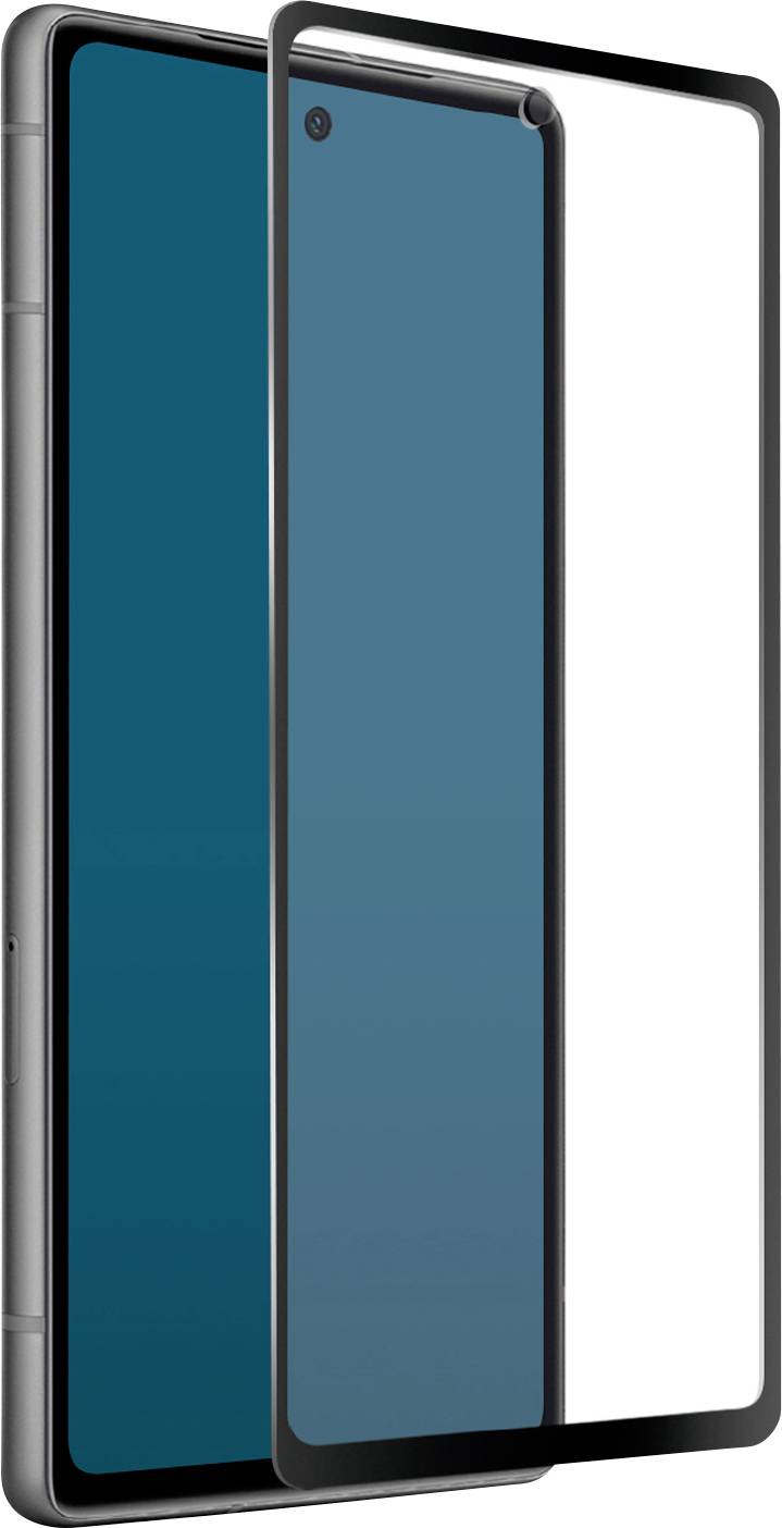 Smartphone con un protettore in vetro temperato a schermo intero che fluttua sopra il display, illustrando la copertura dello schermo da bordo a bordo.