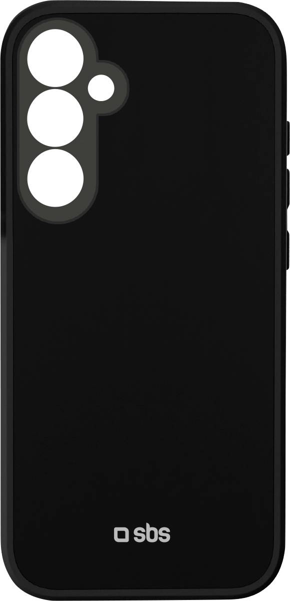 Custodia per smartphone nera con tre fori circolari per le fotocamere e logo 'sbs' vicino al fondo.