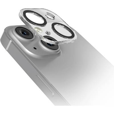 Primo piano di uno smartphone con doppia fotocamera e una protezione trasparente per l'obiettivo che viene applicata sugli obiettivi.