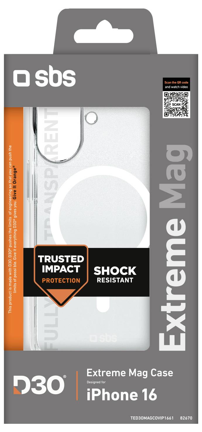 Confezionamento 'Extreme Mag Case' per iPhone 16 di SBS. Le caratteristiche includono 'Trusted Impact Protection' e resistenza agli urti.