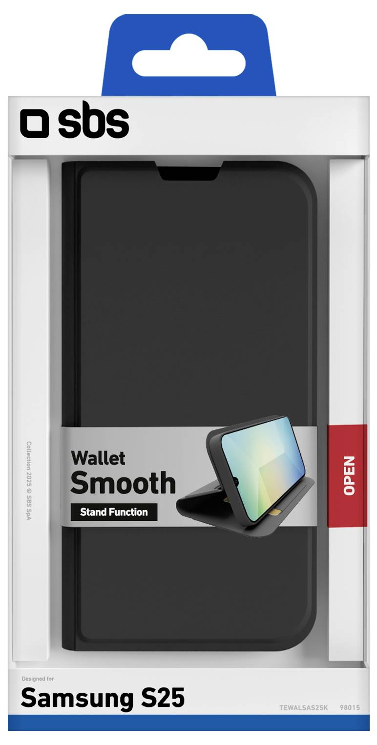 Custodia portafoglio Samsung S25 nera con funzione di supporto, etichettata 'Wallet Smooth'.