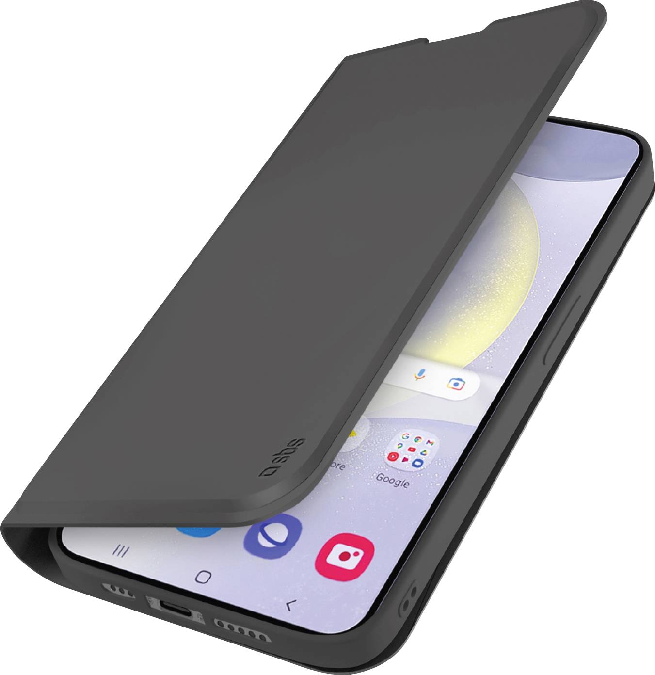 Uno smartphone con una custodia a flip di colore nero parzialmente aperta, che mostra una schermata iniziale con icone di app su uno sfondo chiaro.