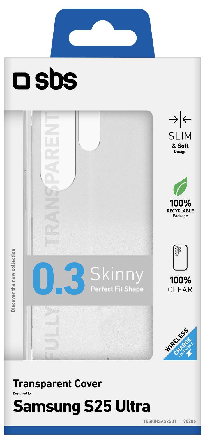 'Cover trasparente per Samsung S25 Ultra, 0.3 Skinny, completamente trasparente, sottile e morbida, 100% riciclabile, compatibile con ricarica wireless.'