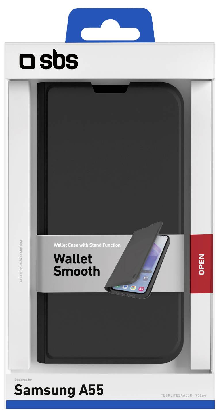 Custodia per telefono nera 'Wallet Smooth' per Samsung A55 con funzione di supporto, in confezione retail.