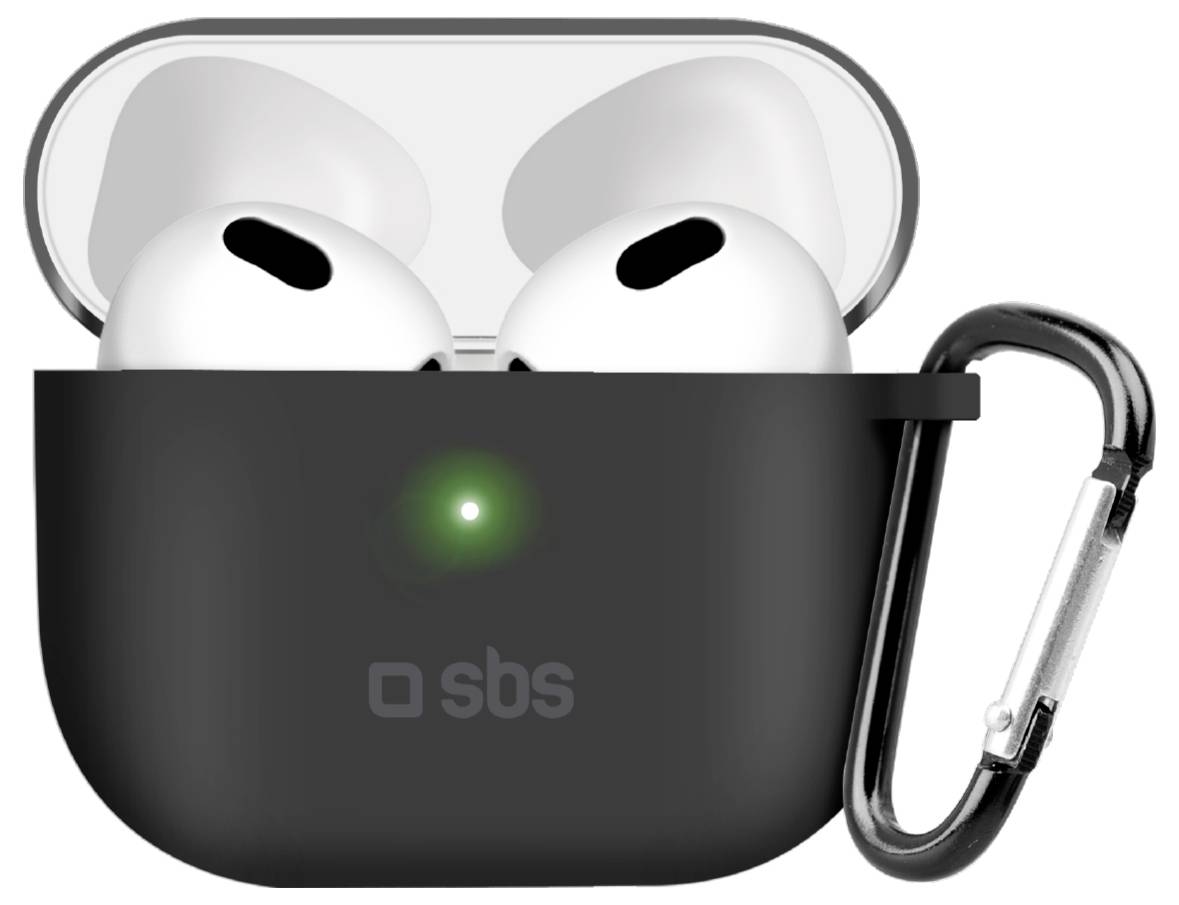 Custodia per auricolari wireless nera con moschettone collegato, contenente auricolari bianchi. Una spia luminosa verde è visibile sulla parte anteriore.