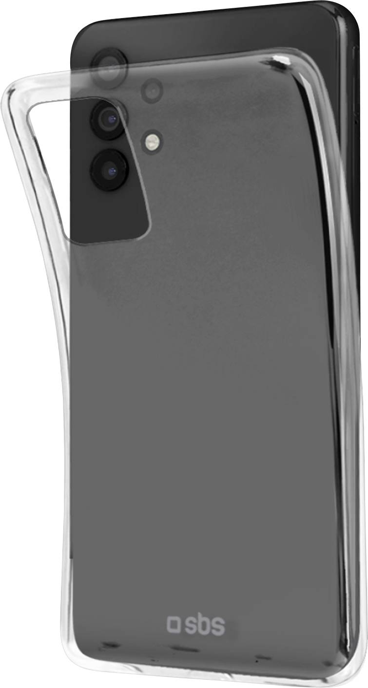 Un trasparente case per smartphone viene mostrato mentre viene posizionato su uno smartphone nero con tre fotocamere. Il telefono reca il marchio 'sbs' sul retro.