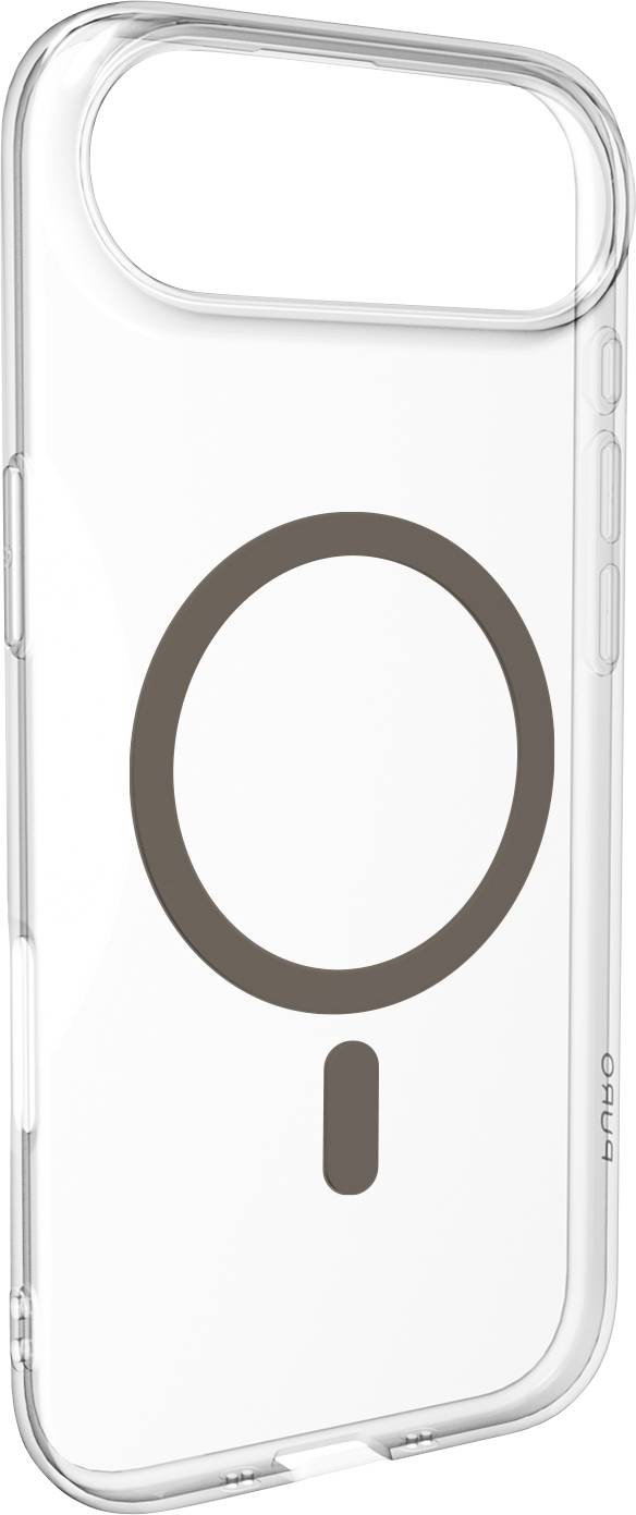 Custodia per telefono trasparente con emblema circolare MagSafe e una piccola linguetta sottostante, progettata per iPhone, che presenta un design semplice e trasparente.